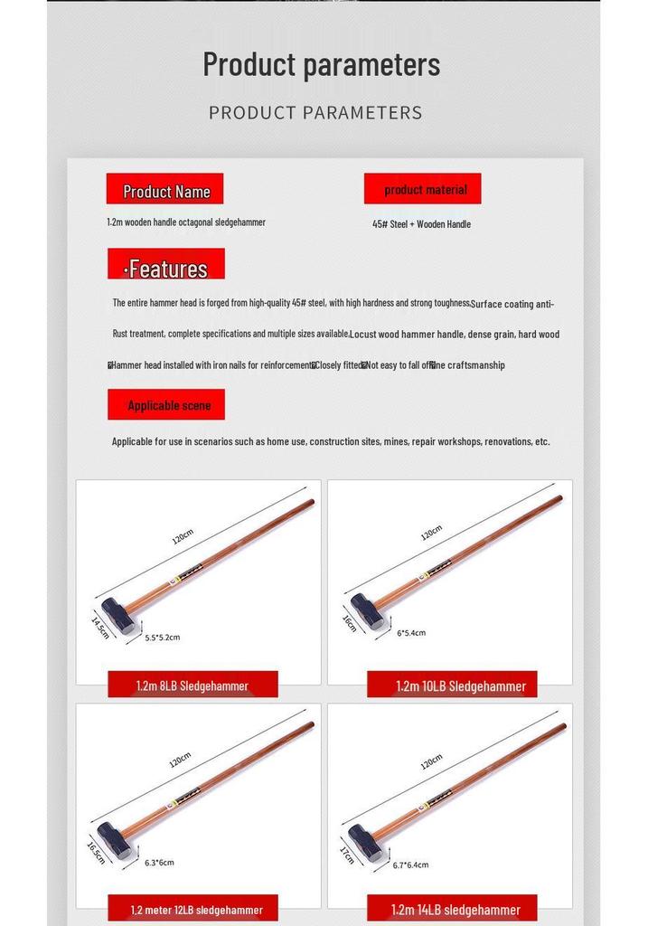 1.2m Wooden Long-Handle Octagonal Demolition Sledgehammer for Heavy-Duty Construction