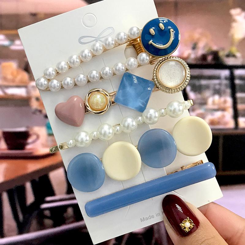 5Pcs/Set Fashion Smiley Pearl Hair Clip For Women Girl Geometric Acetate Barrettes Hairpin Headwear Hair Accessories  Trendy