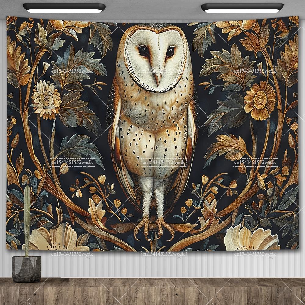 Lunar Sentinel Owl Tapestry Celestial Medieval Tapestrys Aesthetic Room Decor Witchy Occult Altar Cloth Tarot Background Cloths