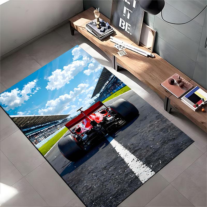 Red Race Car on Track Carpet suitable as a non-slip mat for the living room or bedroom sofa