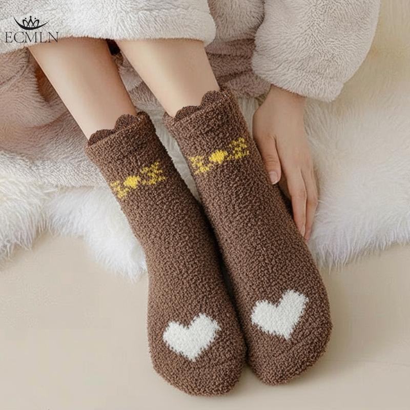 5 Pairs Thick Warm Mid-calf Socks for Womensmall Ear Flaps Socks for Home Autumn/Winter Coral Fleece Socks