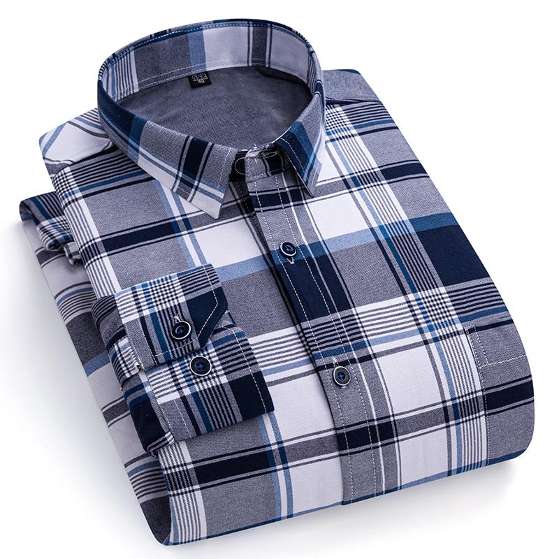 Winter Thermal Shirts Long Sleeve for Men 2 Layers Cotton Oxford Easy Care Warm Male Plaid Shirts Casual Business