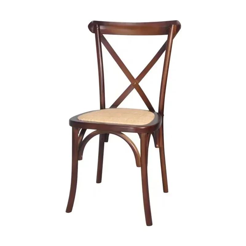 Vintage French Style Solid Wood Dining Chair with Rattan Seat and Fork Back