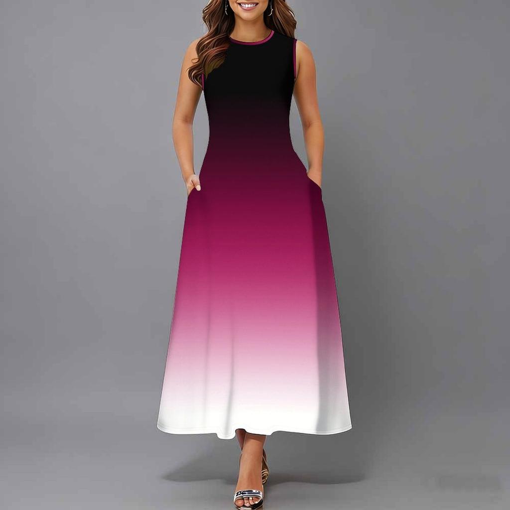 Übergroßes ärmelloses Damenkleid mit Rundhalsausschnitt Lebendiges verstreutes Blumenmuster Lockeres Outfit bis zur Wade