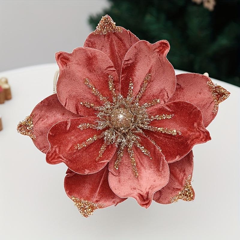 1pc Artificial Poinsettia Christmas Magnolia Flowers with Stems  Glittery Faux Flowers for Xmas, Wedding & Holiday Decor