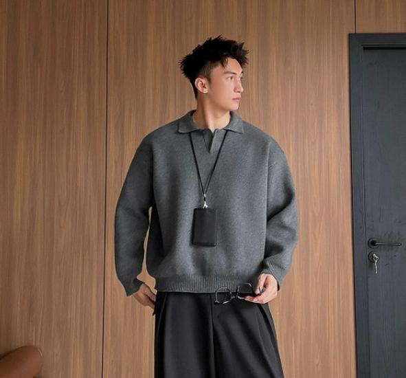 Men s Trendy Winter Knit Polo Jacket - Versatile Solid Color American Style XL