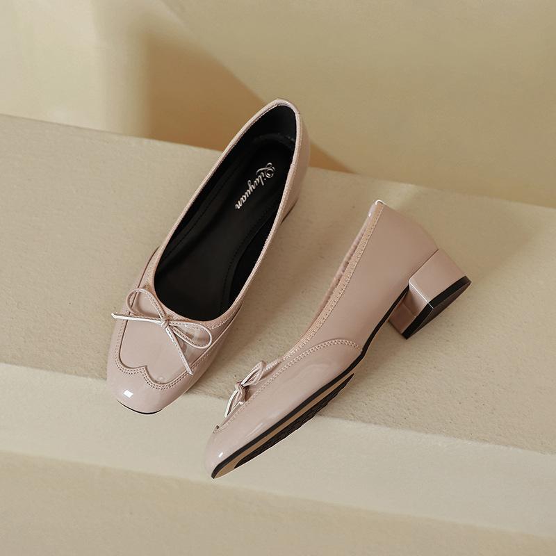 Low-heeled single shoes, light-mouth red bow, spring and autumn new models, not tired, high-heeled shoes, thick heel.