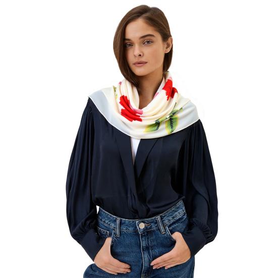 Women Fashion Long Soft Wrap Shawl Rose Flower Printed Sheer Chiffon Scarf