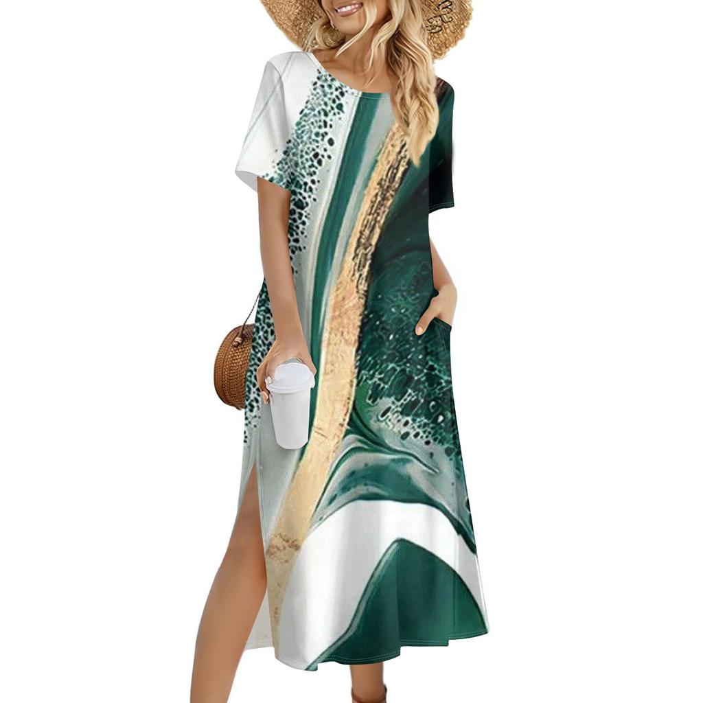 Dámské módní letní barevné bloky s patchworkovým potiskem, ležérní plážové šaty, štíhlé sváteční šaty