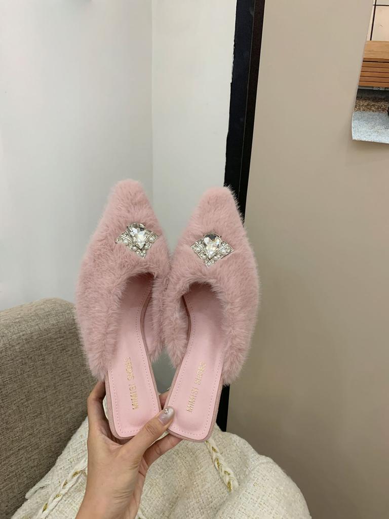 2025 fluffy high-heeled slippers women wear small rhinestones design sense lamb wool French wedge heel plush bag head half slippers