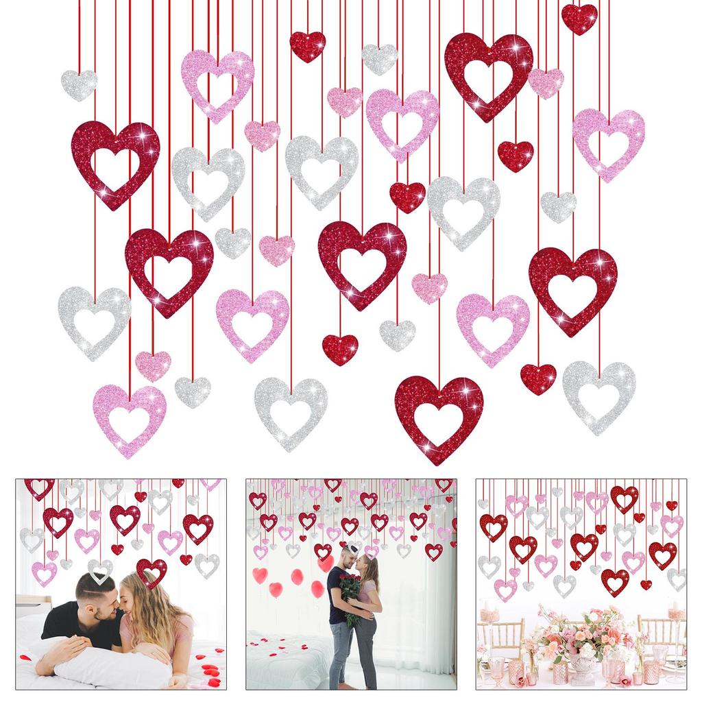 36Pieces Glittering Sequins Heart Pendant Love Heart Ornament For Valentines Day Wedding Bridal Showers Engagement Party
