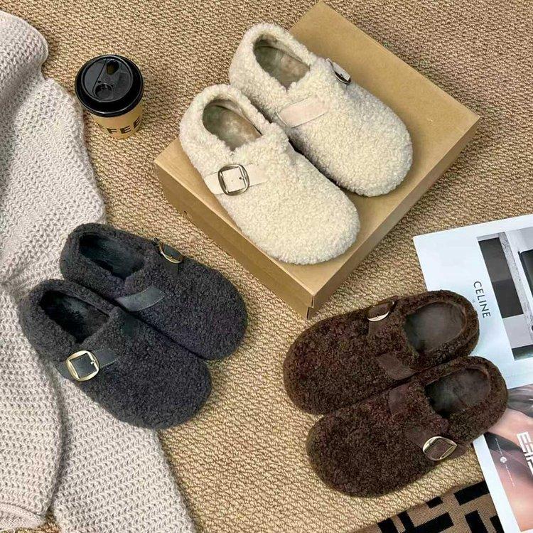 Retro Fluffy Shoes for Women's 2025 Winter New Outer Cotton Shoes, One Pedal Thick-soled Velvet Warm Boken Loafers