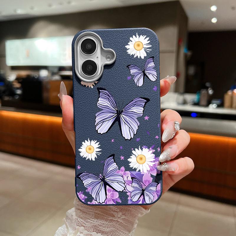 Butterflies Flowers Phone Case For iPhone 16 15 Pro Max 16e 15 14 Plus 13 12 Pro Max 11 Shockproof Leather Texture Soft Colourful Cover