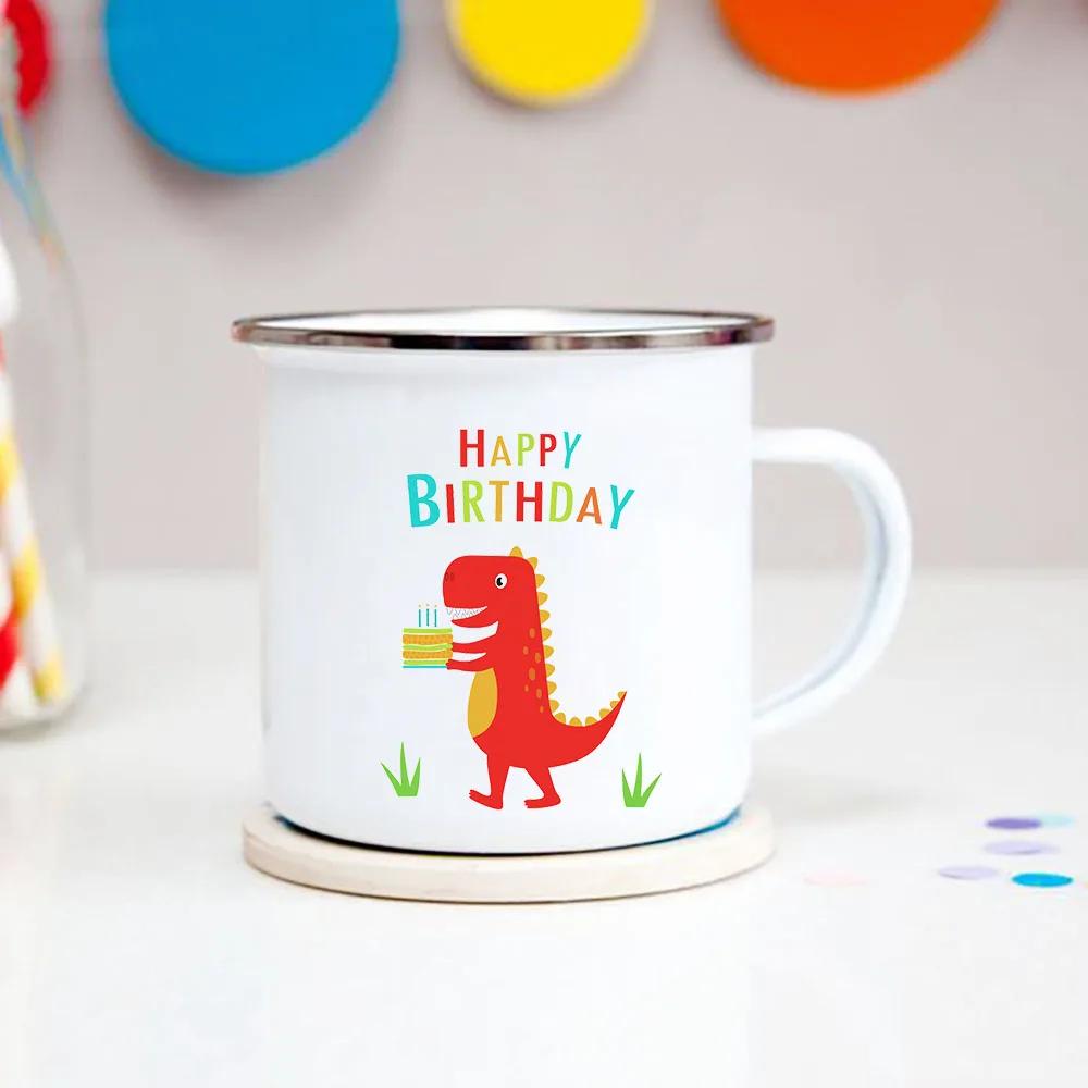 Happy Birthday Boys Girls Enamel Cocoa Mugs Home Party Cartoon Dinosaur Kids Drink Juice Cola Milk Cups Child Baby Birthday Gift