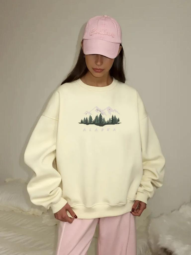 Women's Crew Neck Long Sleeve Sweatshirt Loose Fit Casual Top Mountain Graphic Print Pullover