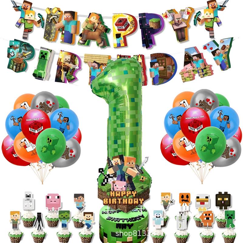 Minecraft-Themed Aluminum Foil Balloon Set: Kid's Birthday Decor with Pull Flags & Number Combination