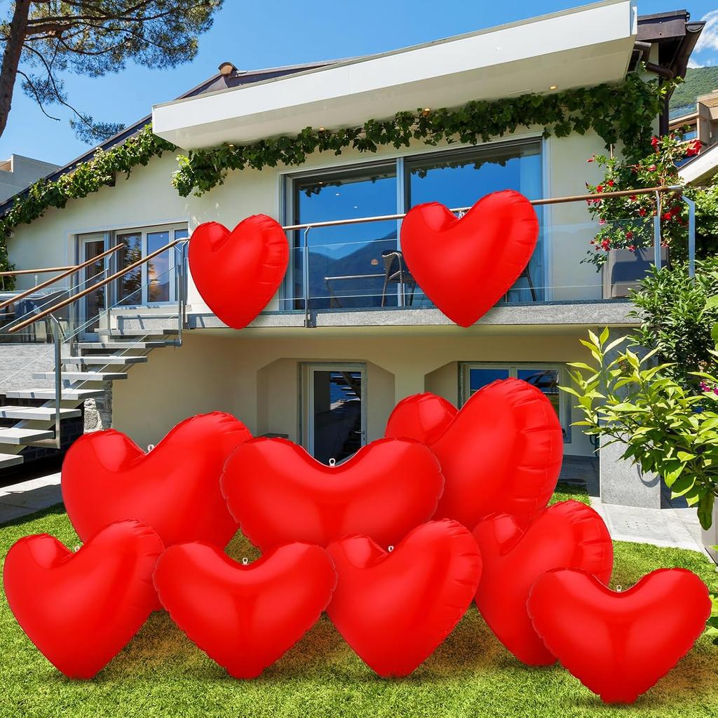 Jetec 12 Pcs Giant Valentine's Day Inflatable Heart Blow up Outdoor Decorations Include 6 Pcs 24'' and 6 Pcs 16'' PVC Valentines Outdoor Heart