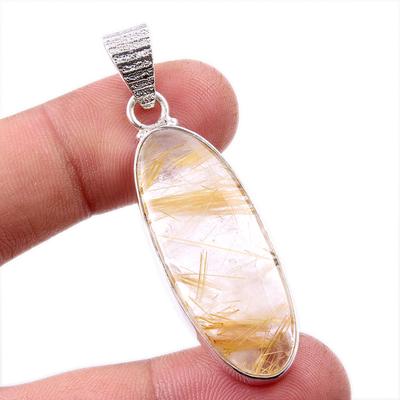 Natural Golden Rutile Gemstone 925 Solid Sterling Silver Jewelry Pendant 2" V3v15