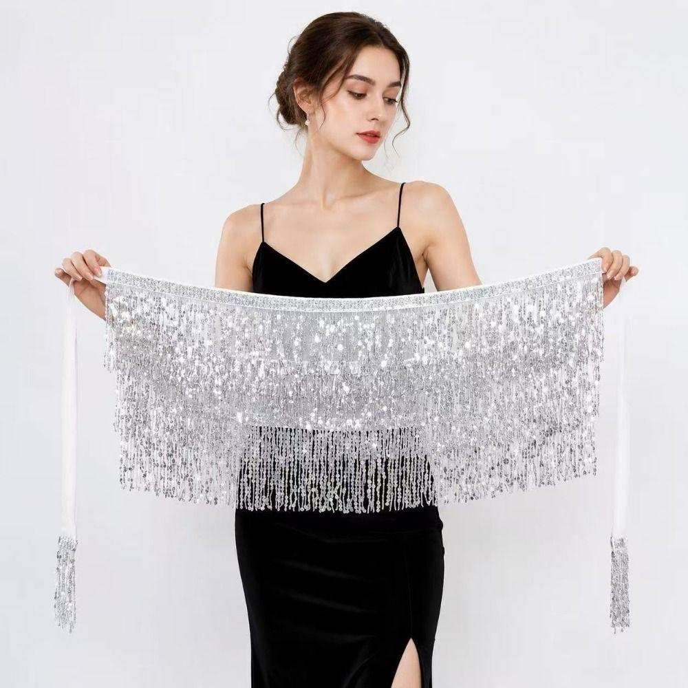 Adjustable Tie Waist Belly Dance Hip Scarf Three Layer Glitter Skirt  for Festival/Vacation