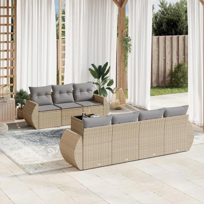 VidaXL Salon de Jardin avec Coussins 8 pcs, Canapés de Terrasse, Ensemble de Meubles de Patio, Mobilier d'Extérieur, Beige 3253466
