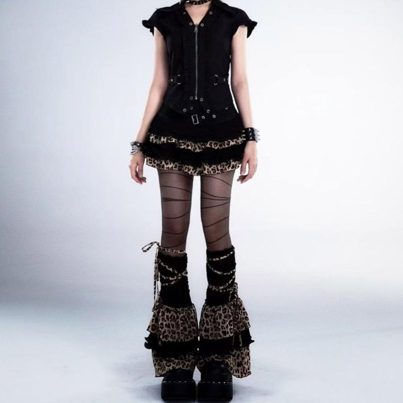 Harajuku Punk Leopard Layered Ruffle Leg Sleeves for Women Aesthetic Ties Bandages Leg Warmers Flared Boot Cover Socks