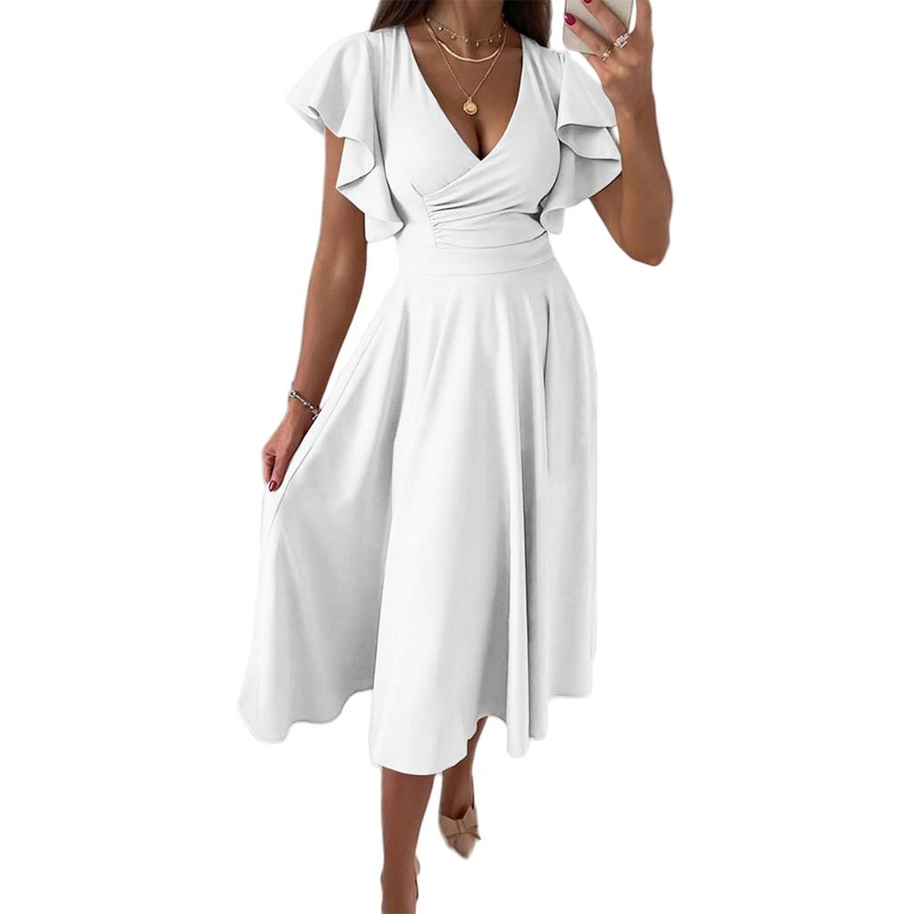 Fashion Ladies Ruffle Skirt Spring And Summer Low V-neck Waist Slim Sexy Dress