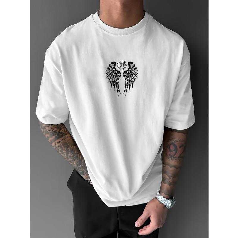 European Size Gothic Chain Wing Print T-Shirt - Gothic Wing Crew Neck Tee, Breathable Fiber, Slightly Dropped Shoulder Fit, Machine Washable