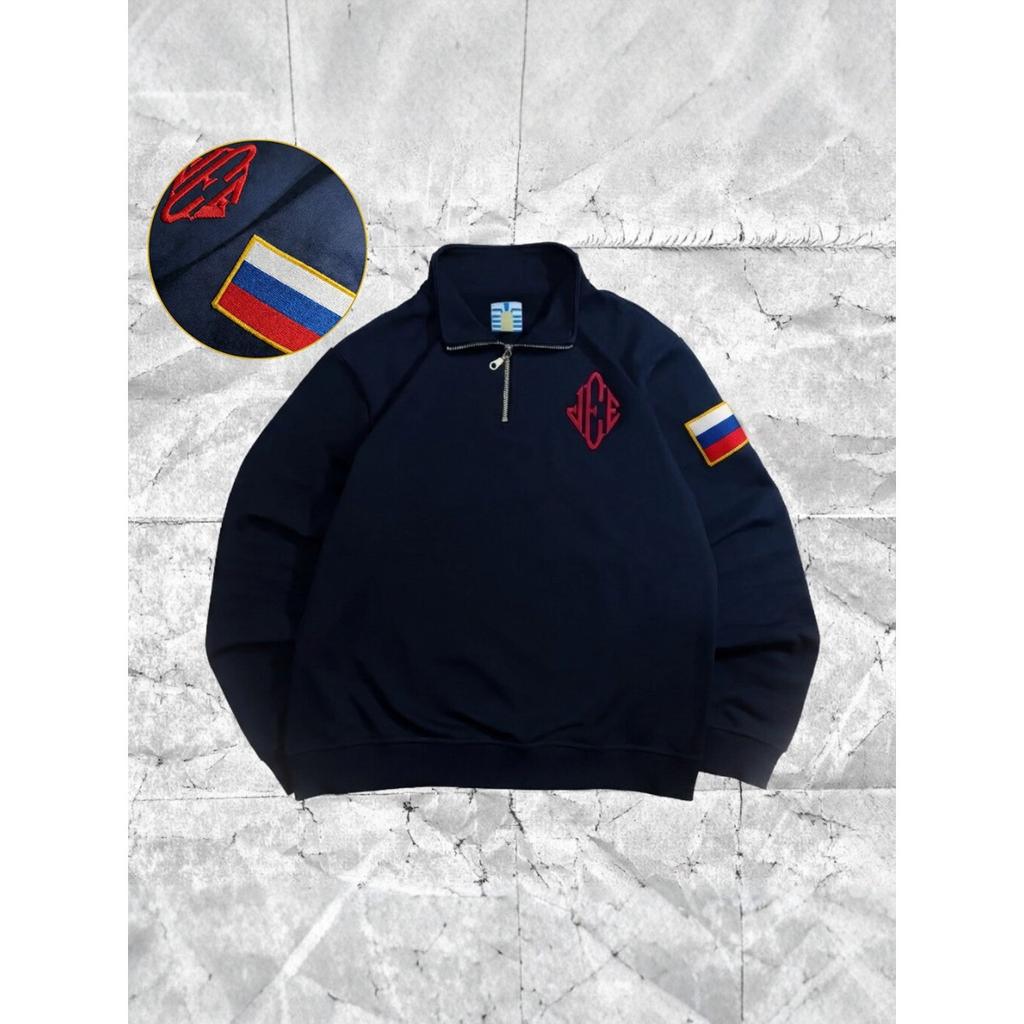 FlowStreet Y2K Tmavě modrá mikina se čtvrtinovým zipem s vyšívanou americkou vlajkou USA, bunda, muži, ženy, Vintage Streetwear, módní trend, top