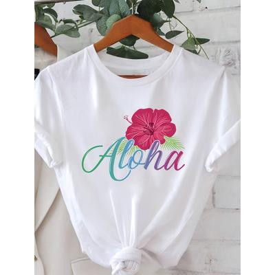 Hawaiian Style 'Aloha' Hibiscus Print T-Shirt for Women, Short-Sleeved, Round Neck, Casual Top for Spring and Summer