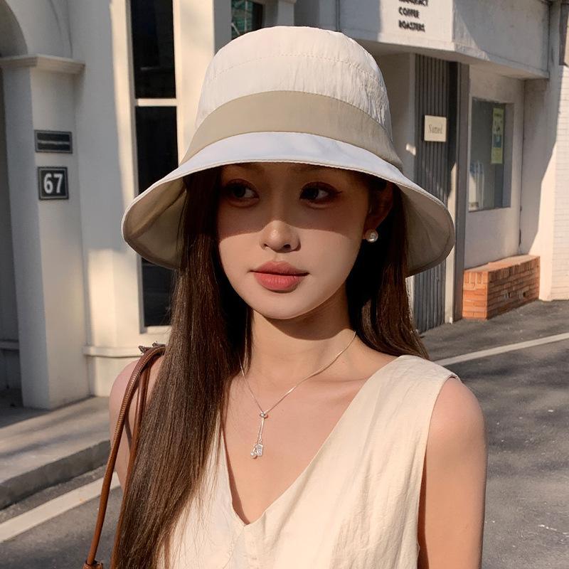 Outdoor Leisure Sun Hat Fisherman Hat Simple Color Block Tether Sun Protection Hat Girl Traveling To Show Her Face Small Hat Early Spring