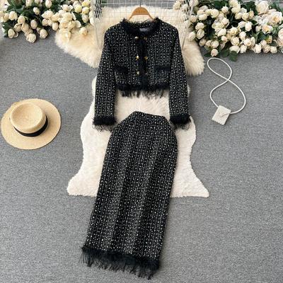 Herbst Und Winter Kleiner Duftender Wind Fransen Mode Kurze Jacke + Langer Absatz Hüfte Halbkörperrock Zweiteiliges Set
