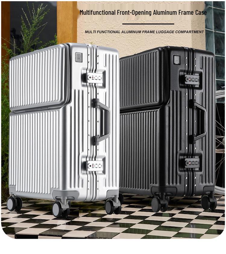 Universal Aluminum Frame Trolley Suitcase with Front Opening and Large Capacity for Women and Men