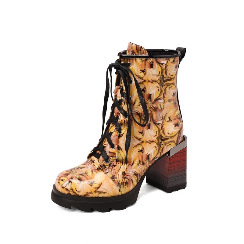 Fashion Printing Women's Ankle Boots  Autumn Winter New Thick High Heels Platform Round Toe Party Shoes Green Yellow Size 44