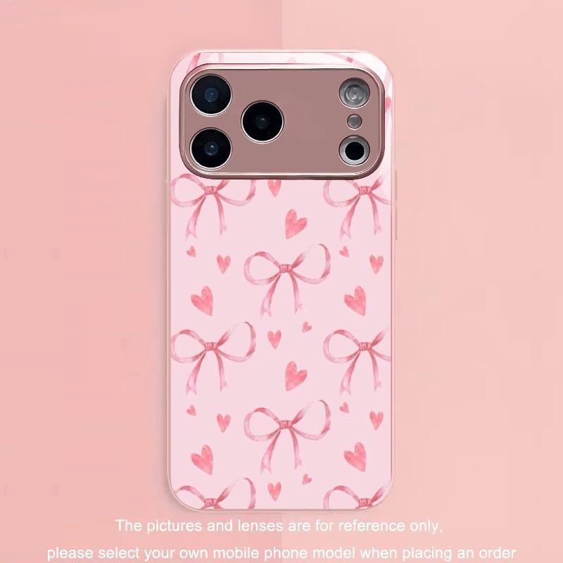 Fashion Pink Heart Bow Pattern Pink Metallic Glass Phone Case For iPhone 17 16 15 14 13 12 11 Pro Max 15 14 Plus 17Air 16E Cover