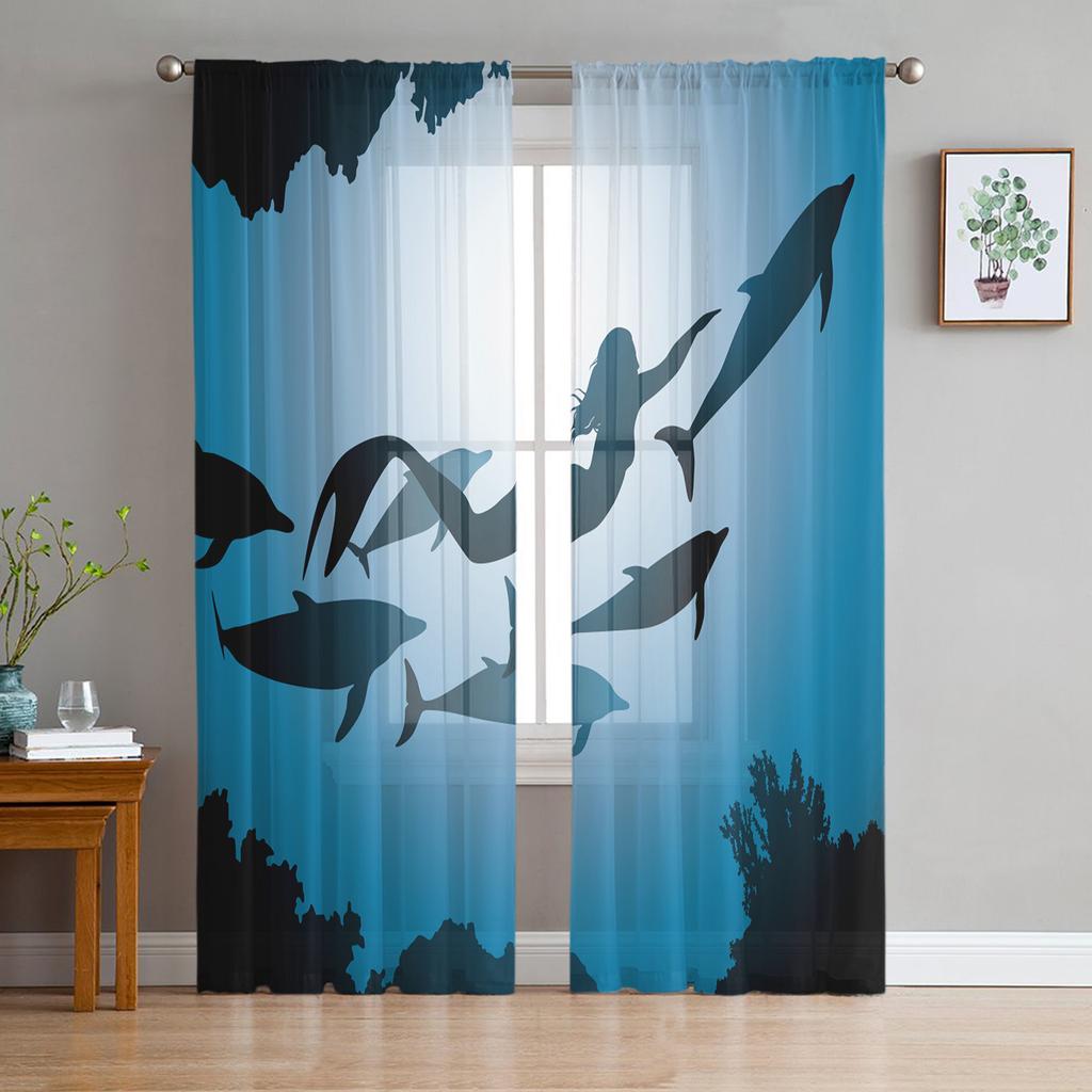 Mermaid Scales Ocean Rainbow Chiffon Sheer Curtains for Living Room Bedroom Home Decoration Window Voiles Tulle Curtain