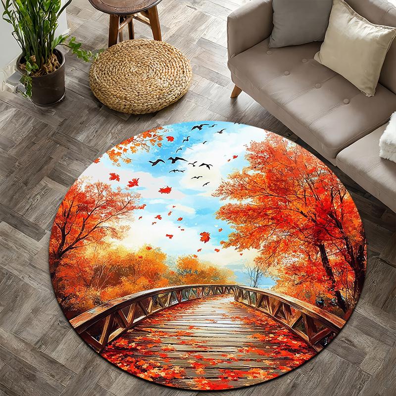 

Deciduous Wood Bridge Theme Flannel-printed round floor mats are slip-resistant Suitable for living room terrace garden carpets 60cm