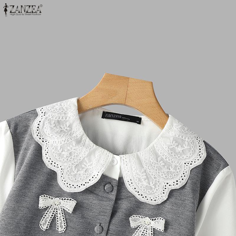 ZANZEA Women Casual Doll Collar Loose Long Sleeve Patchwork Blouse