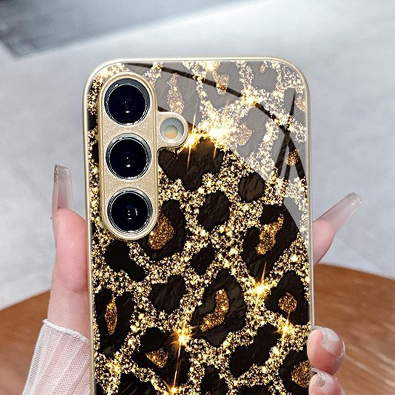 Flash Gold Leopard Pattern Gold Metallic Paint Glass Phone Case For iPhone 17 11 12 13 14 15 16 Pro Max 15 Plus 17Air 16E Cover