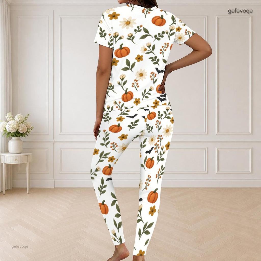 Women Plus Size V Neck Short Sleeve Pajama Set Pumpkin Bat Bow Print White Loungewear