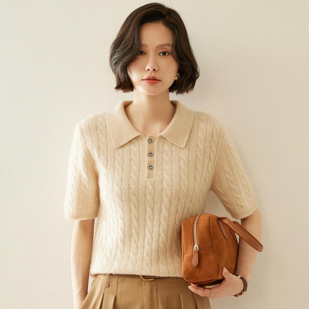 Women's Retro Slim-Fit Cable Knit Polo Top - Spring/Summer 2026 Collection