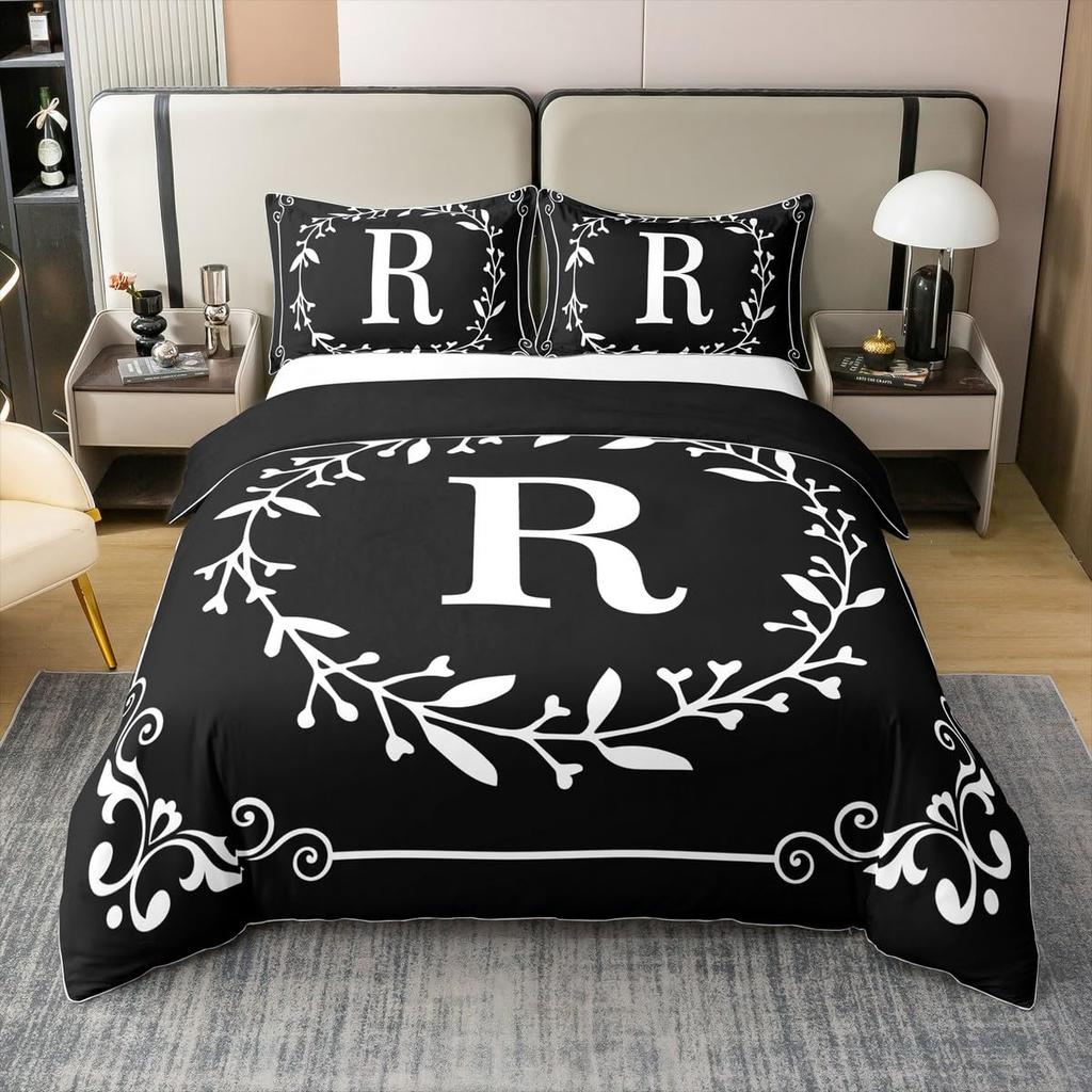 Initial Letter Z Twin Queen Duvet Cover Black And White Bedding Set Boho Floral Leaves Comforter Cover Gifts For Adult Girls