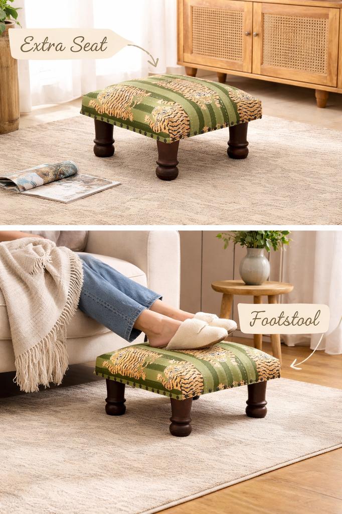 Green Jungle Stripes Kantha Foot Stool - Handcrafted Cotton Ottoman with Mango Wood Legs, 40 x 40 x 22.5 cm