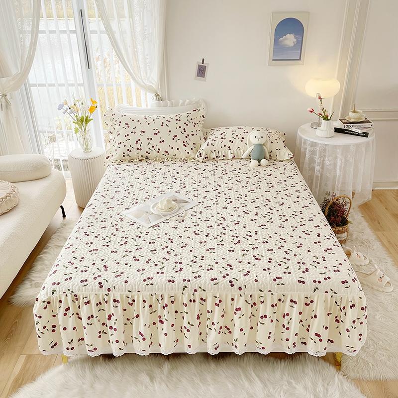 1pc Pure Cotton Thicken Quilted Mattress Cover with Skirt Queen/King Bed Sheet Skirt Elastic Band 200x220cm  (No Pillowcase)