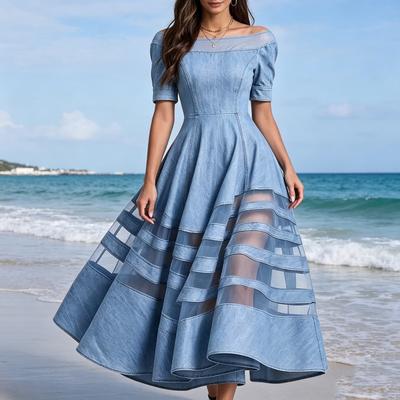 Women's Off Shoulder Denim Dress, Mesh Patchwork Short Sleeve A-line Swing Dress, Summer Travel Vacation Long Dress