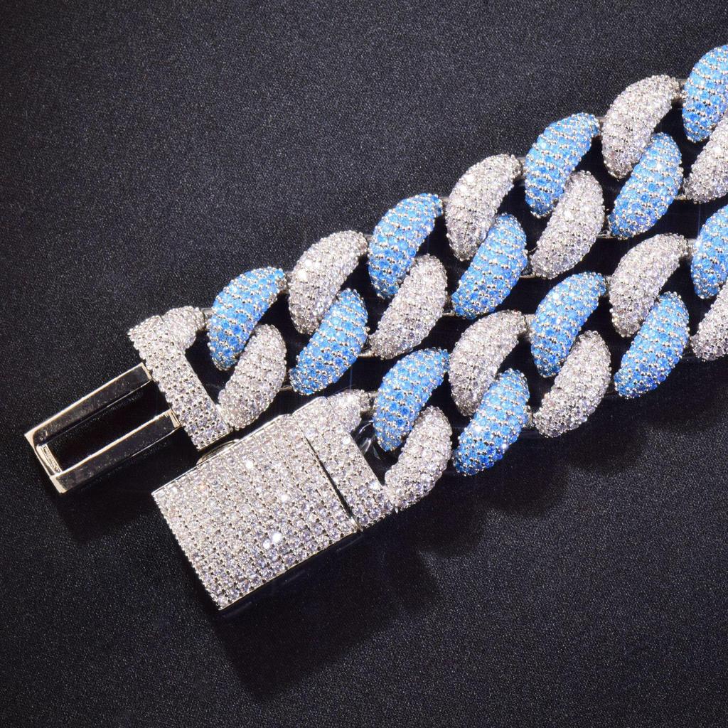 Silver Blue 14MM Cuban Link Necklace and Bracelet - European & American Hip Hop Fashion Trend Jewelry
