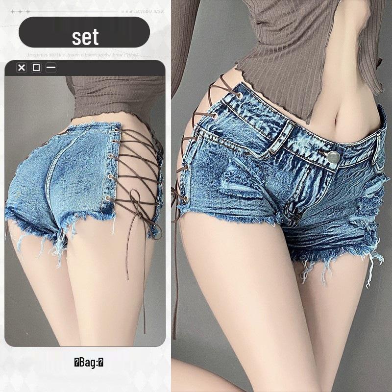 Women's Low Waist Crotchless Ripped Jeans Hot Pants Nightclub Lingerie, Polyester 8026