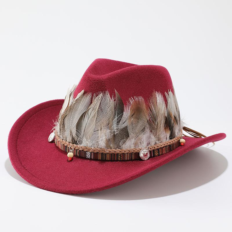 Autumn and winter new woolen top hat men and women couple hat minority style feather decorative western cowboy hat