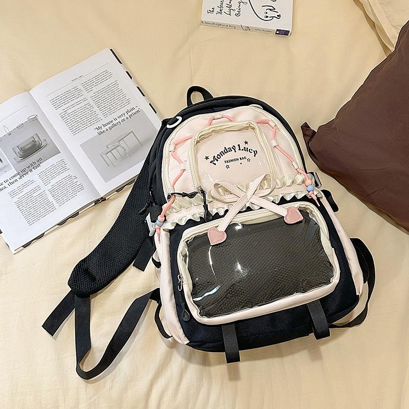 Women's Color Block College-Style Backpack with Ballet Ruffle Lace Design