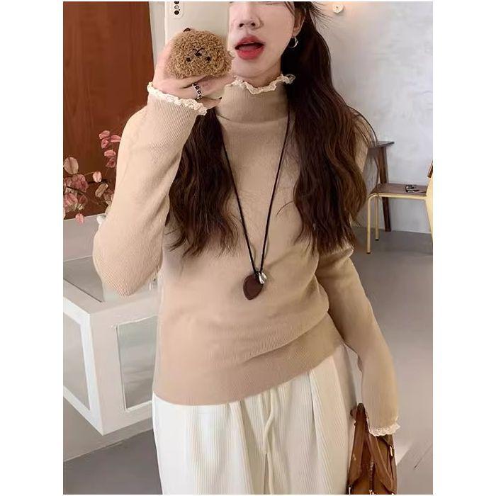 

Женский милый вязаный свитер с кружевной вставкой - осенне-зимний топ с полувысоким воротником, облегающего кроя, с длинным рукавом One Size хаки