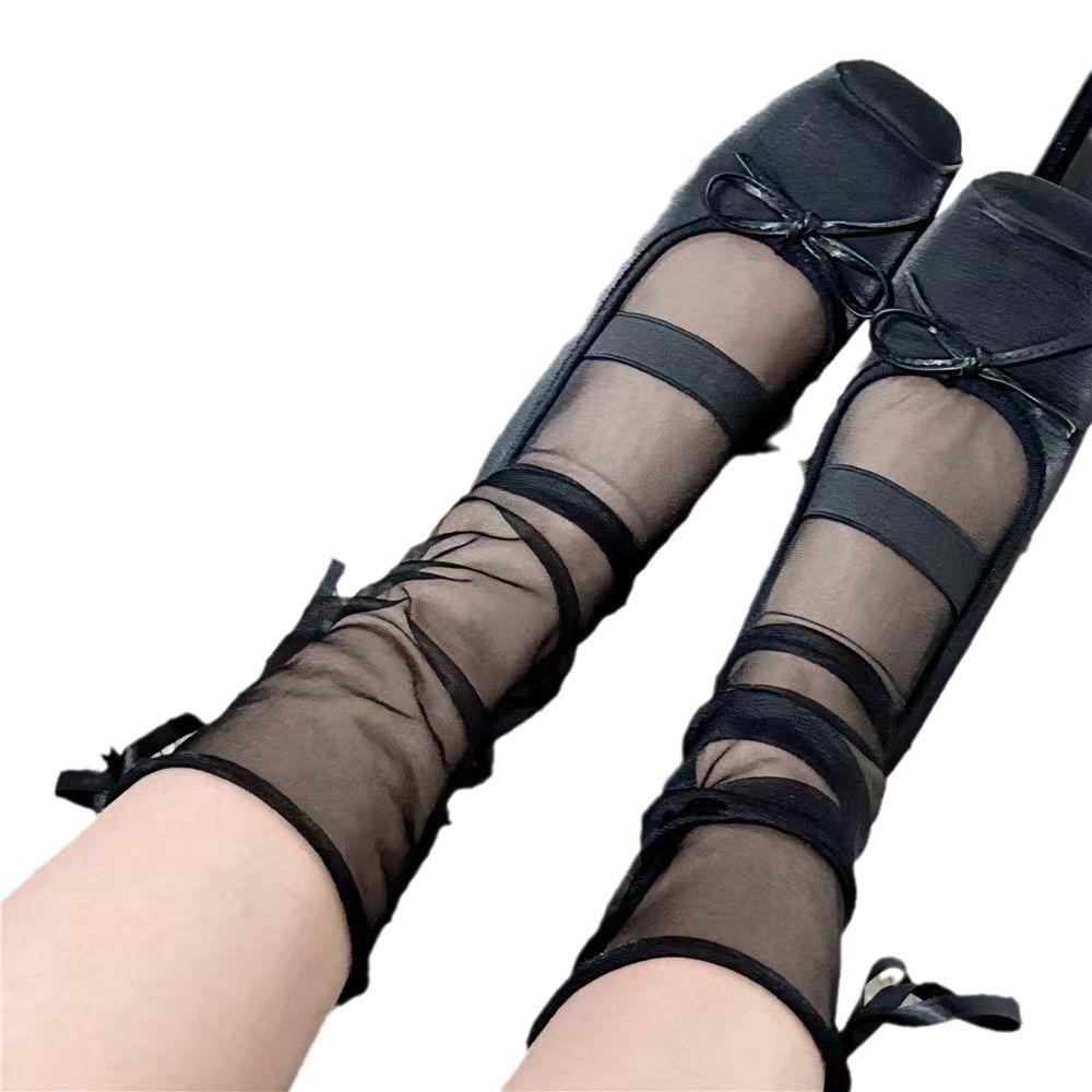 Spring and summer girl butterfly thin transparent tube socks glass silk mesh lace-up stacking socks jk white lace socks